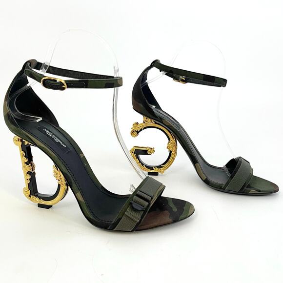 Dolce & Gabbana Keira Green Camouflage DG Logo Baroque Heel Sandals IT 39.5 - Picture 1 of 10